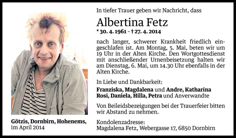  Todesanzeige für Albertina Fetz vom 02.05.2014 aus Vorarlberger Nachrichten