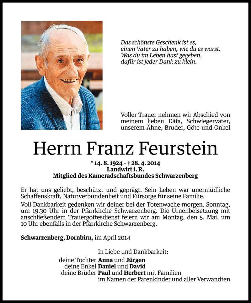  Todesanzeige für Franz Feurstein vom 02.05.2014 aus Vorarlberger Nachrichten