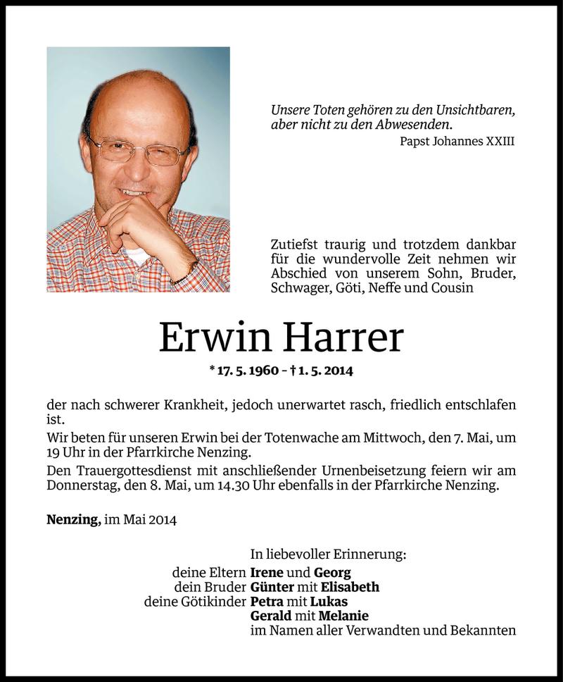  Todesanzeige für Erwin Harrer vom 05.05.2014 aus Vorarlberger Nachrichten