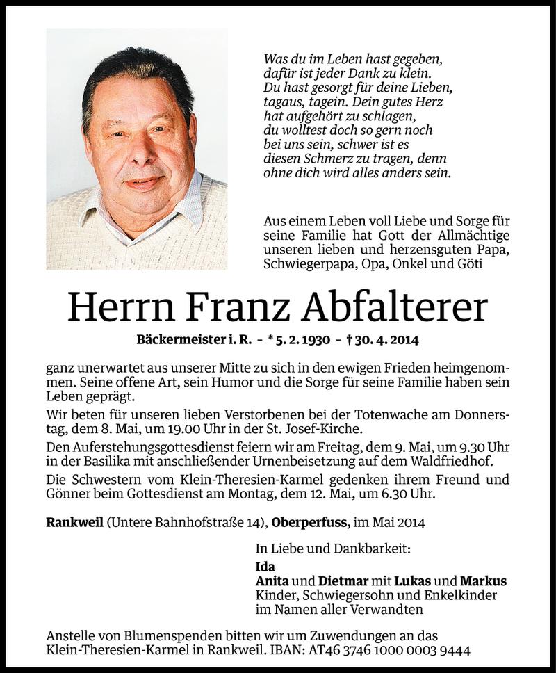  Todesanzeige für Franz Abfalterer vom 03.05.2014 aus Vorarlberger Nachrichten