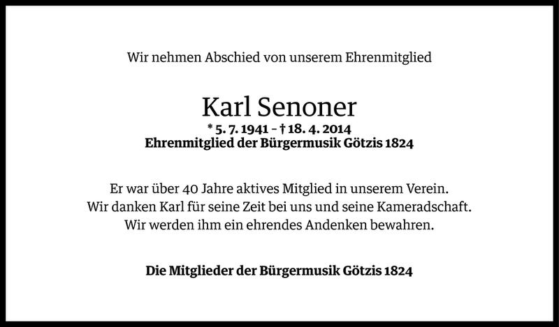  Todesanzeige für Karl Senoner vom 04.05.2014 aus Vorarlberger Nachrichten