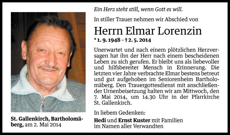  Todesanzeige für Elmar Lorenzin vom 04.05.2014 aus Vorarlberger Nachrichten