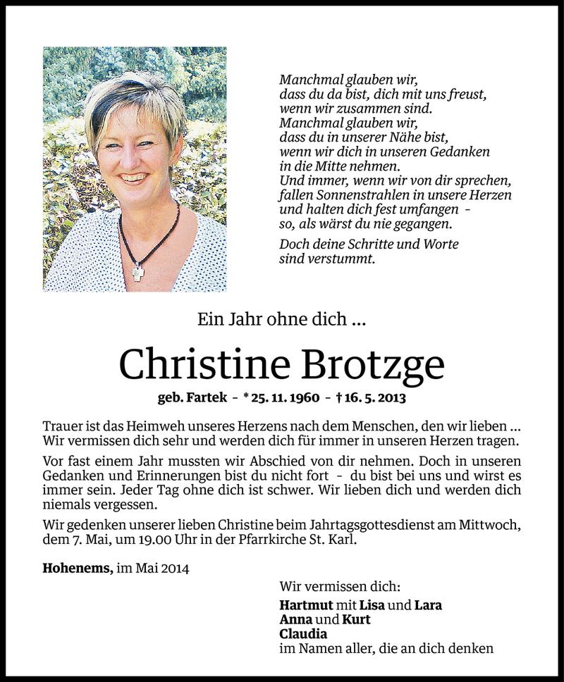  Todesanzeige für Christine Brotzge vom 05.05.2014 aus Vorarlberger Nachrichten
