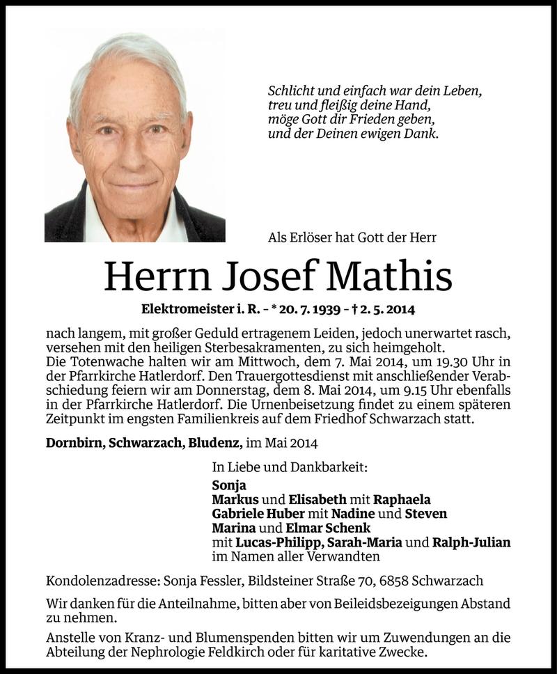  Todesanzeige für Josef Mathis vom 05.05.2014 aus Vorarlberger Nachrichten