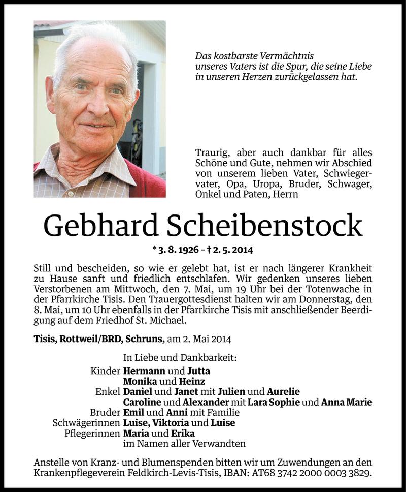  Todesanzeige für Gebhard Scheibenstock vom 05.05.2014 aus Vorarlberger Nachrichten