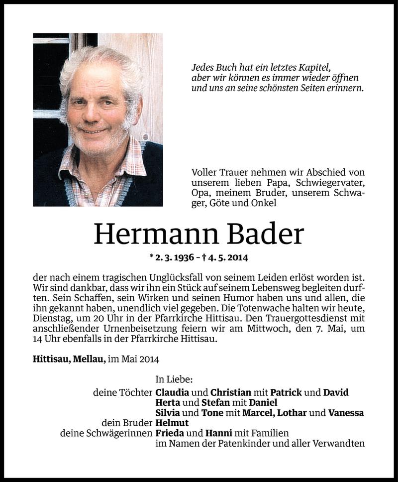  Todesanzeige für Hermann Bader vom 05.05.2014 aus Vorarlberger Nachrichten