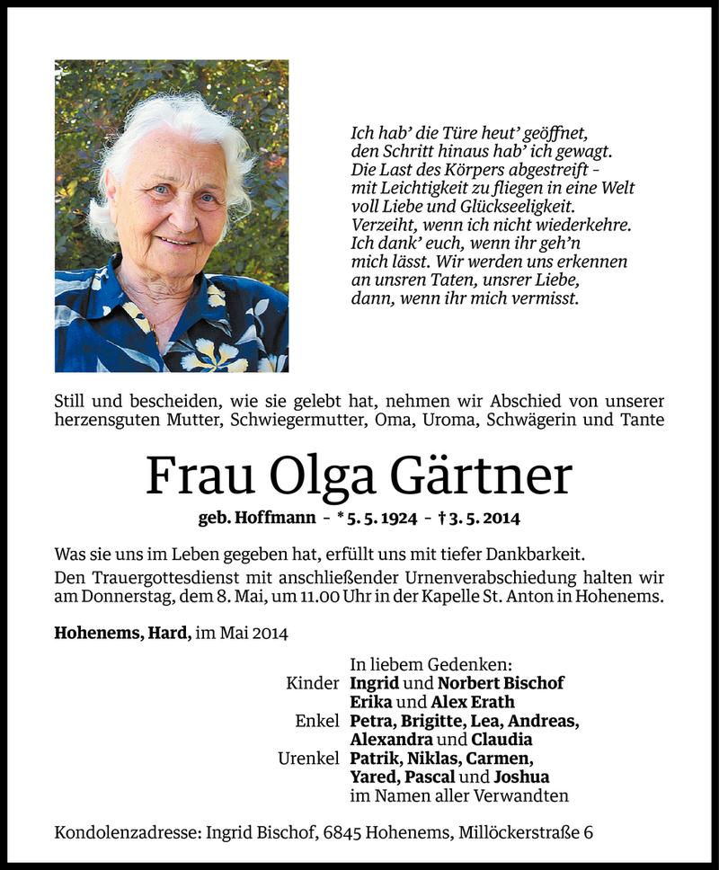  Todesanzeige für Olga Gärtner vom 06.05.2014 aus Vorarlberger Nachrichten