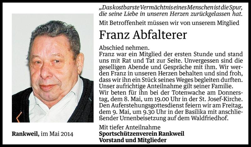  Todesanzeige für Franz Abfalterer vom 06.05.2014 aus Vorarlberger Nachrichten