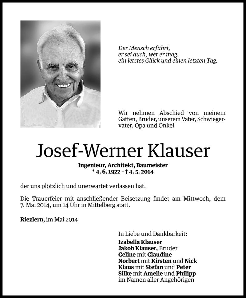  Todesanzeige für Josef-Werner Klauser vom 05.05.2014 aus Vorarlberger Nachrichten