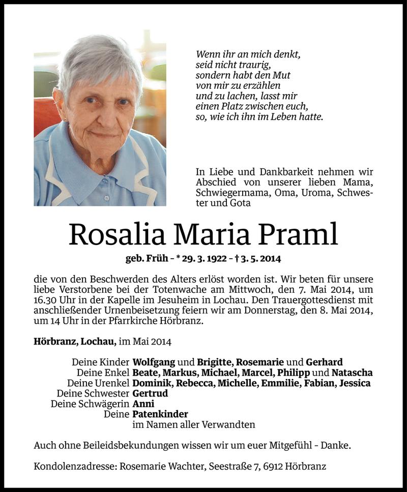  Todesanzeige für Rosalia Maria Praml vom 05.05.2014 aus Vorarlberger Nachrichten