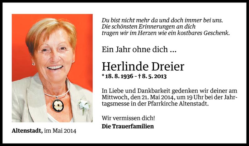  Todesanzeige für Herlinde Dreier vom 07.05.2014 aus Vorarlberger Nachrichten