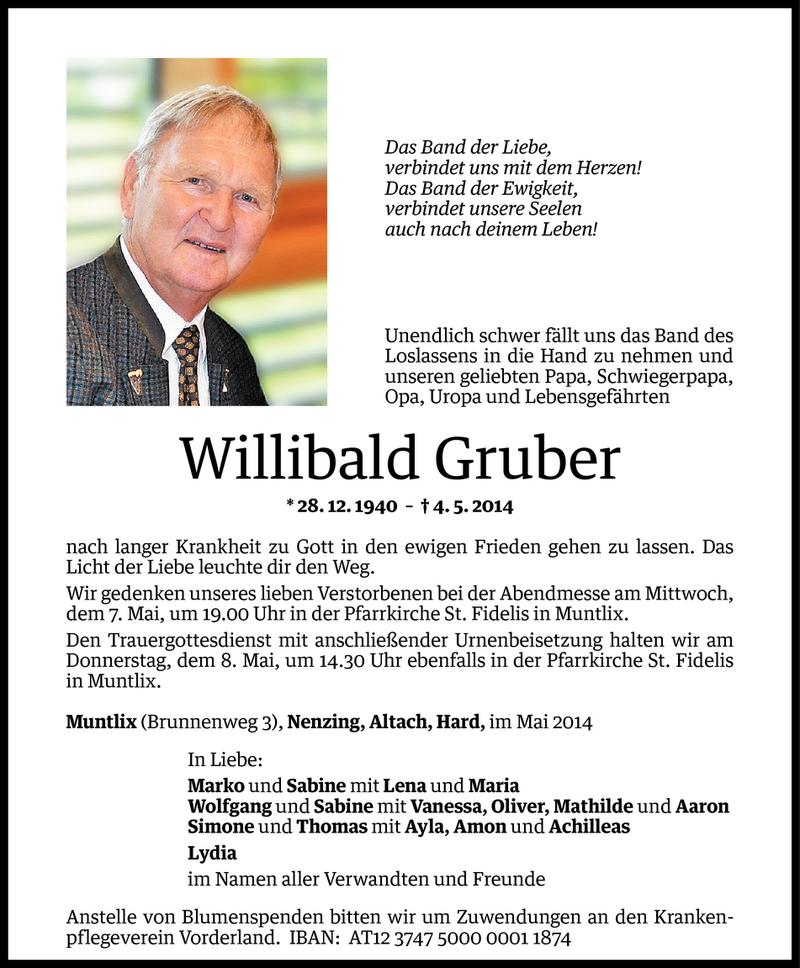  Todesanzeige für Willibald Gruber vom 06.05.2014 aus Vorarlberger Nachrichten