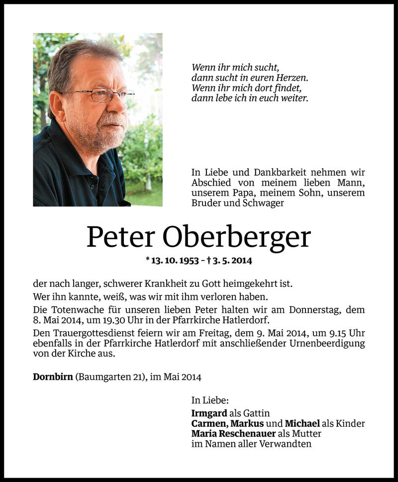  Todesanzeige für Peter Oberberger vom 06.05.2014 aus Vorarlberger Nachrichten