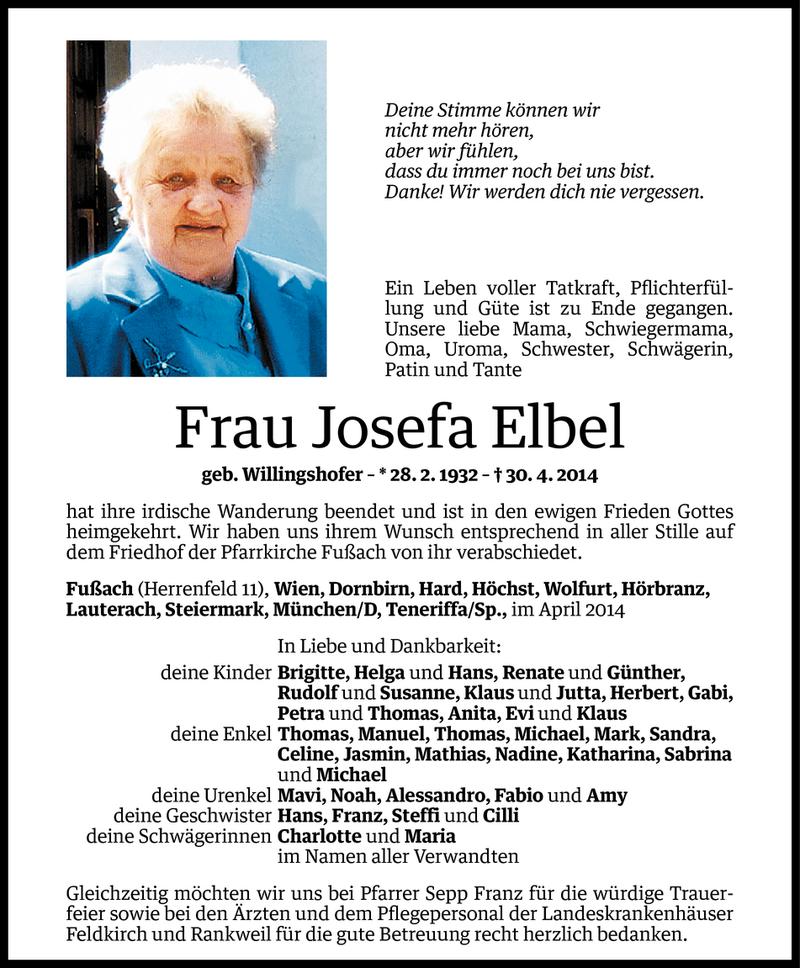  Todesanzeige für Josefa Elbel vom 07.05.2014 aus Vorarlberger Nachrichten