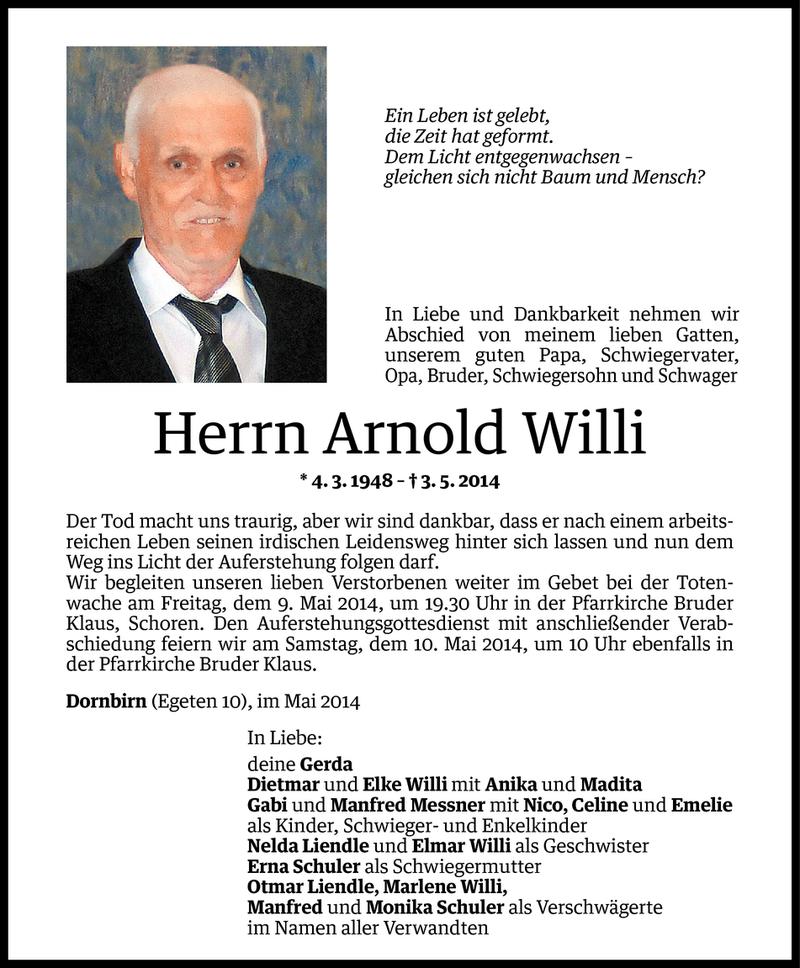  Todesanzeige für Arnold Willi vom 06.05.2014 aus Vorarlberger Nachrichten