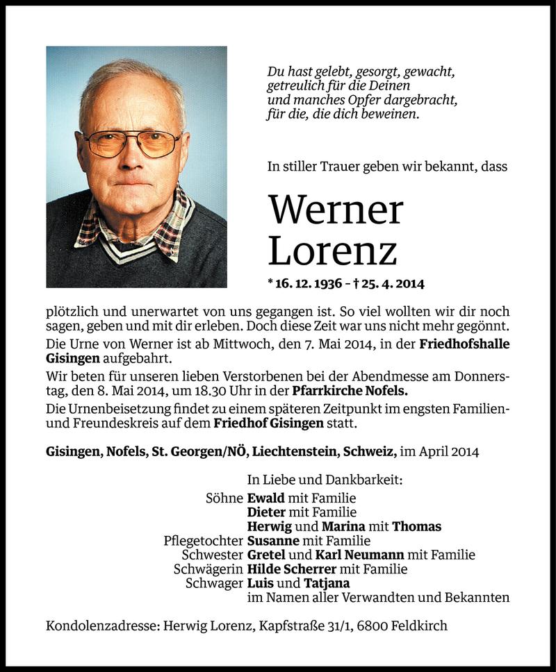  Todesanzeige für Werner Lorenz vom 06.05.2014 aus Vorarlberger Nachrichten