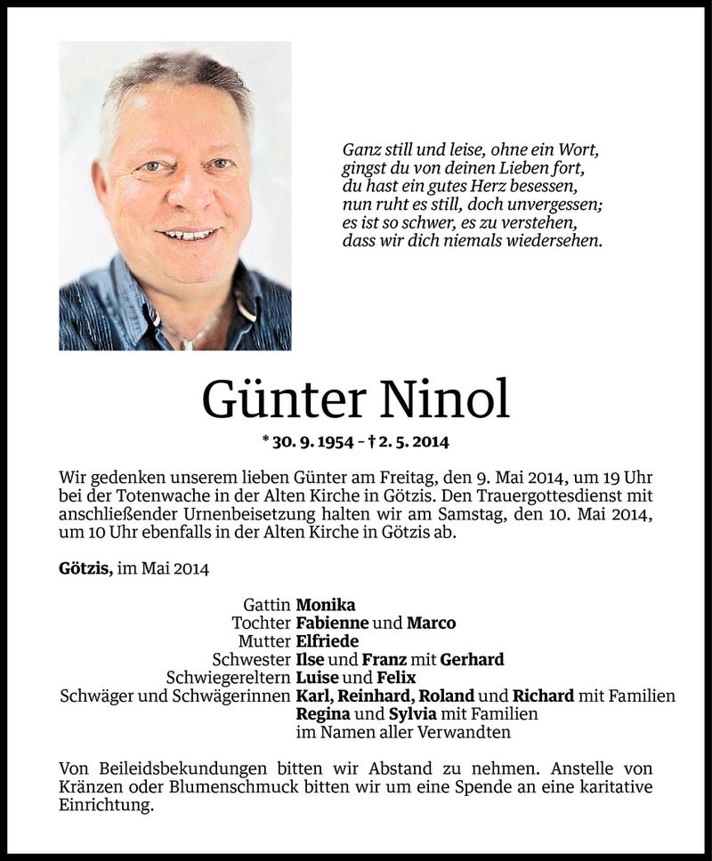  Todesanzeige für Günter Ninol vom 06.05.2014 aus Vorarlberger Nachrichten