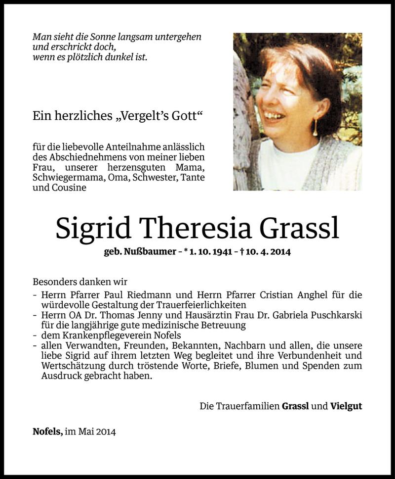  Todesanzeige für Sigrid Theresia Grassl vom 06.05.2014 aus Vorarlberger Nachrichten