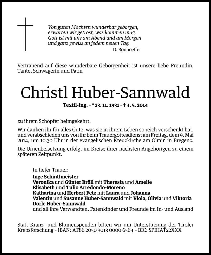 Todesanzeige für Christl Huber-Sannwald vom 06.05.2014 aus Vorarlberger Nachrichten
