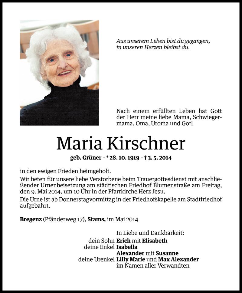  Todesanzeige für Maria Kirschner vom 06.05.2014 aus Vorarlberger Nachrichten