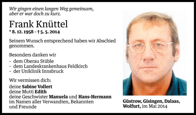  Todesanzeige für Frank Knüttel vom 08.05.2014 aus Vorarlberger Nachrichten