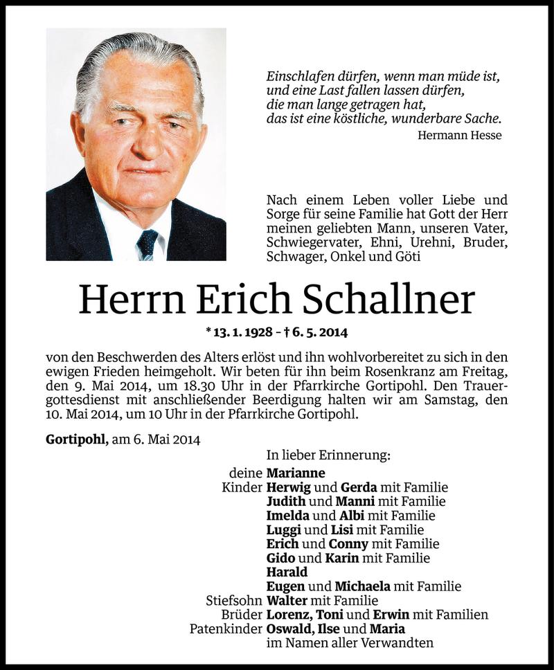  Todesanzeige für Erich Schallner vom 07.05.2014 aus Vorarlberger Nachrichten