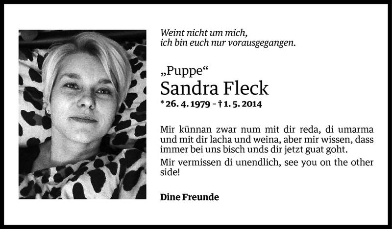  Todesanzeige für Sandra Fleck vom 08.05.2014 aus Vorarlberger Nachrichten