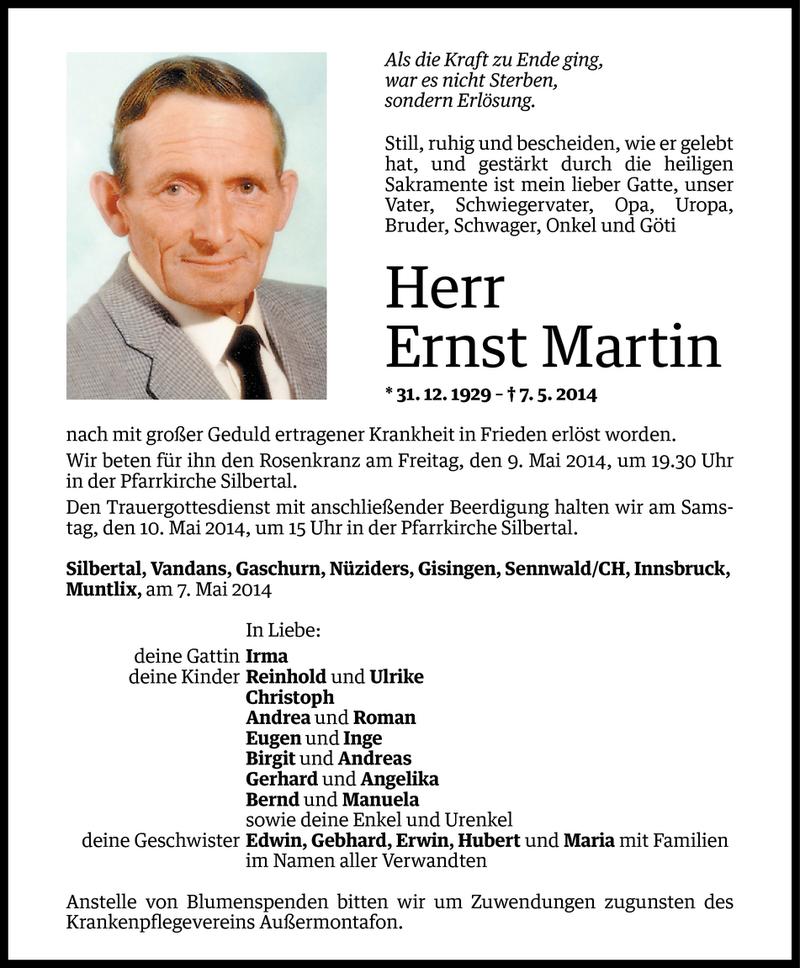  Todesanzeige für Ernst Martin vom 07.05.2014 aus Vorarlberger Nachrichten