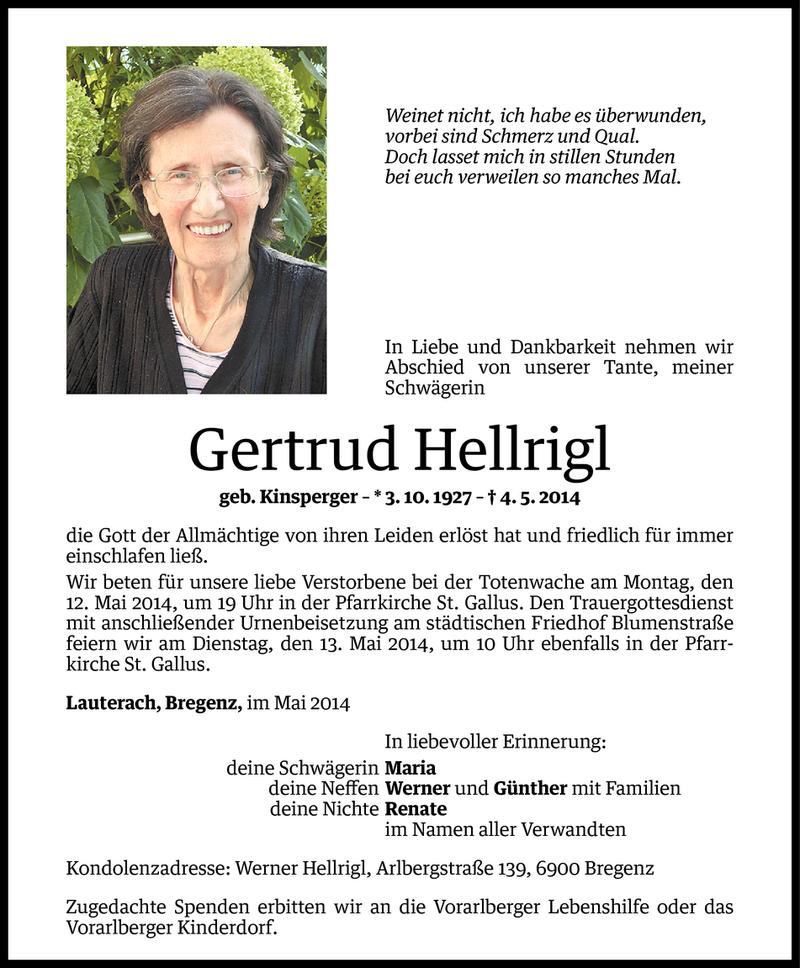  Todesanzeige für Gertrud Hellrigl vom 09.05.2014 aus Vorarlberger Nachrichten