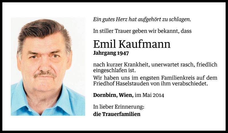  Todesanzeige für Emil Kaufmann vom 09.05.2014 aus Vorarlberger Nachrichten