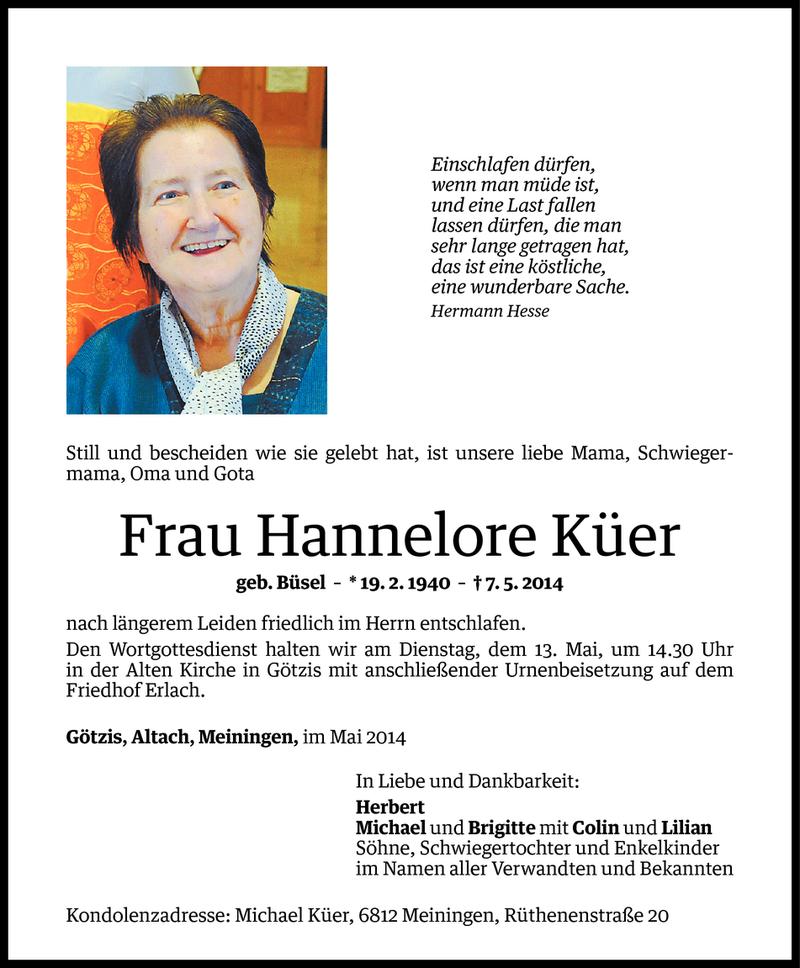  Todesanzeige für Hannelore Küer vom 12.05.2014 aus Vorarlberger Nachrichten