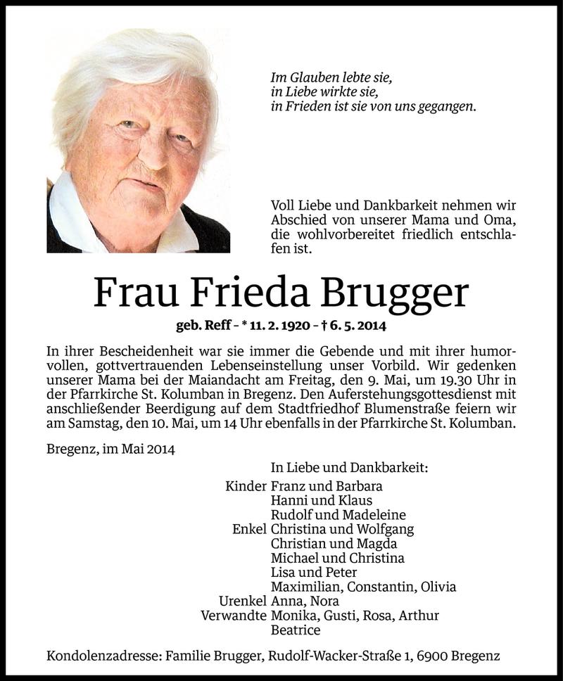  Todesanzeige für Frieda Brugger vom 08.05.2014 aus Vorarlberger Nachrichten