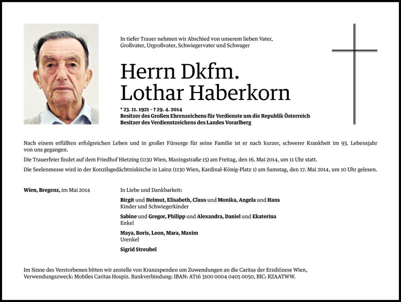  Todesanzeige für Lothar Haberkorn vom 08.05.2014 aus Vorarlberger Nachrichten