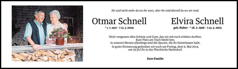  Todesanzeige für Otmar und Elvira Schnell vom 08.05.2014 aus Vorarlberger Nachrichten