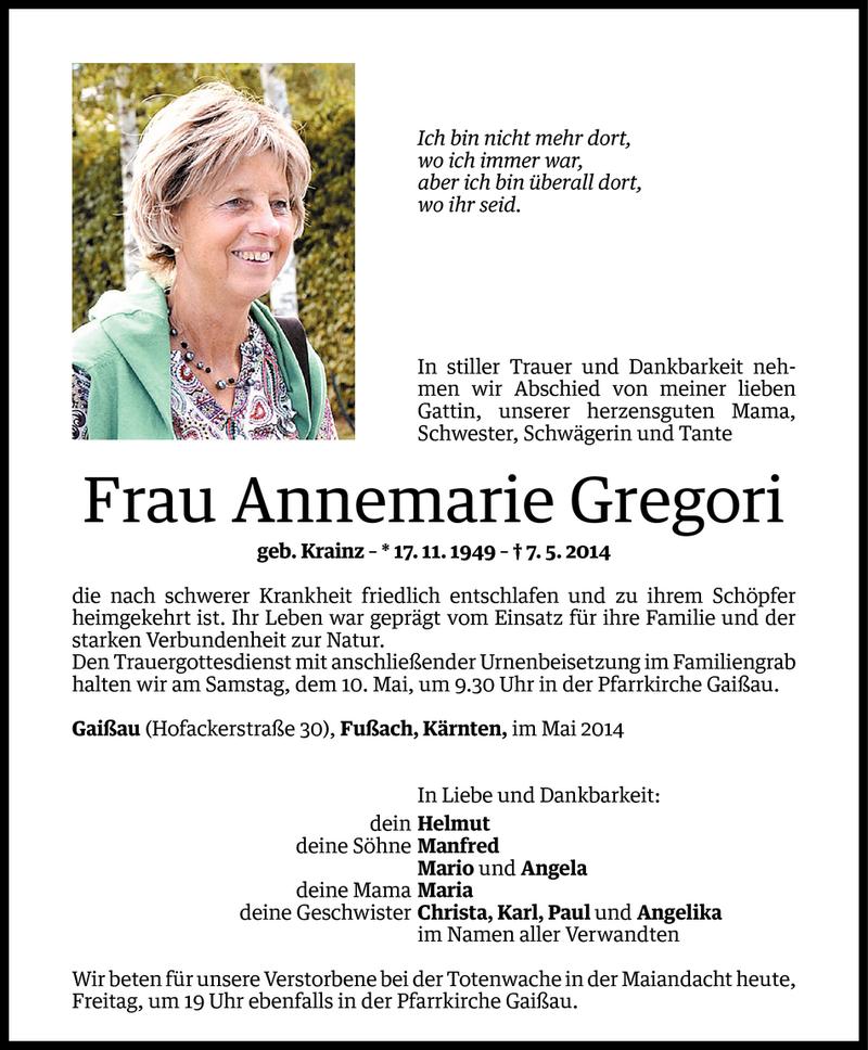  Todesanzeige für Annemarie Gregori vom 08.05.2014 aus Vorarlberger Nachrichten