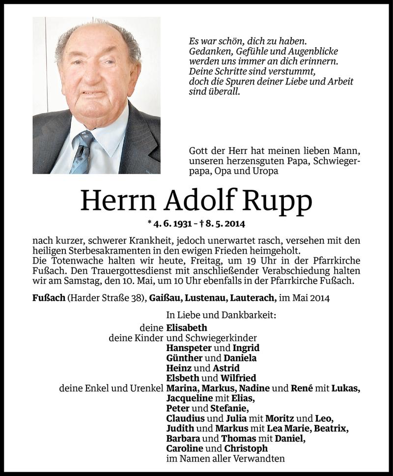  Todesanzeige für Adolf Rupp vom 08.05.2014 aus Vorarlberger Nachrichten