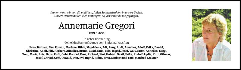  Todesanzeige für Annemarie Gregori vom 08.05.2014 aus Vorarlberger Nachrichten