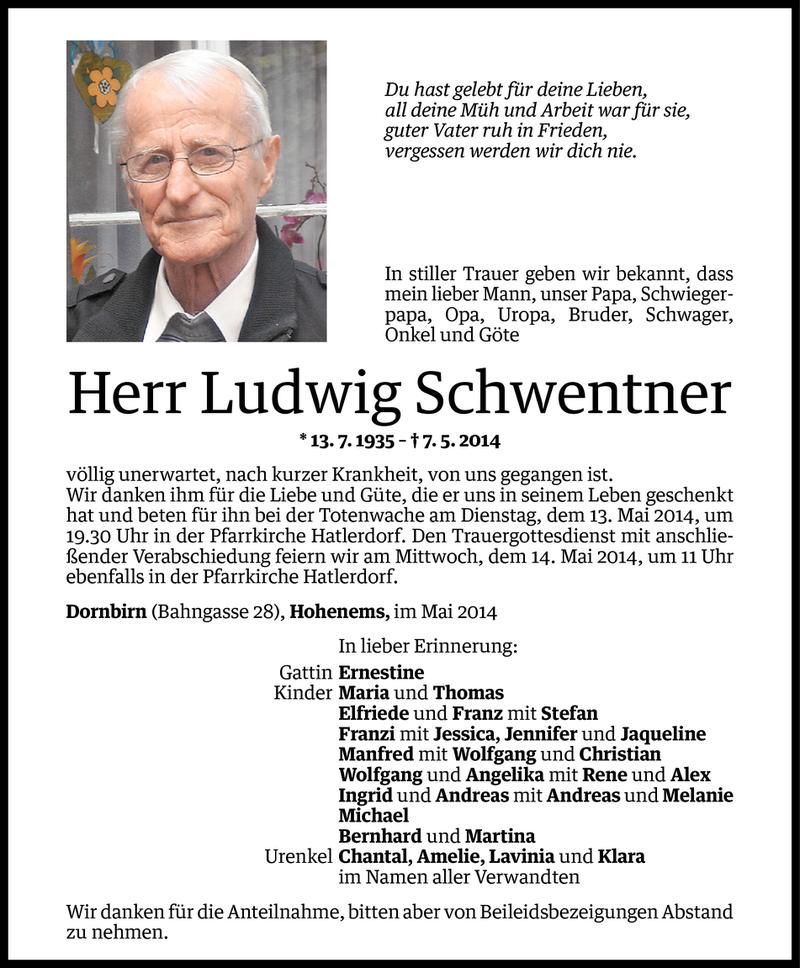  Todesanzeige für Ludwig Schwentner vom 09.05.2014 aus Vorarlberger Nachrichten