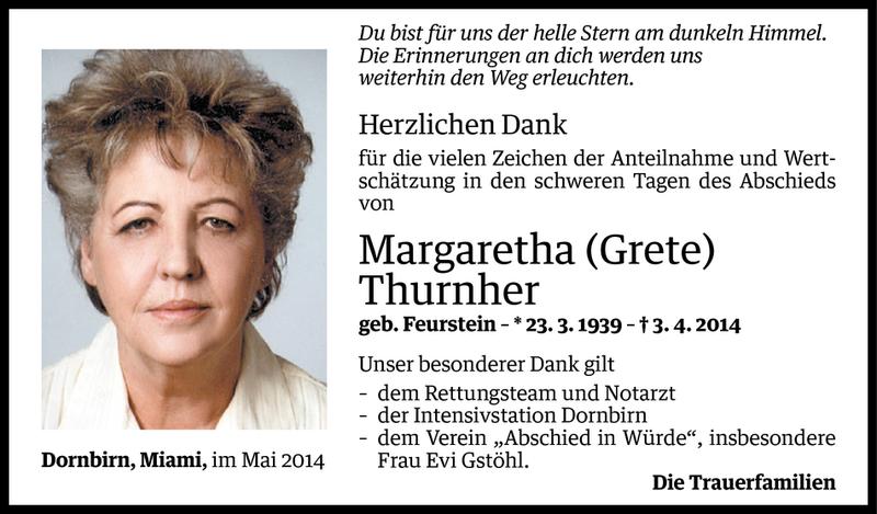  Todesanzeige für Margaretha Thurnher vom 09.05.2014 aus Vorarlberger Nachrichten