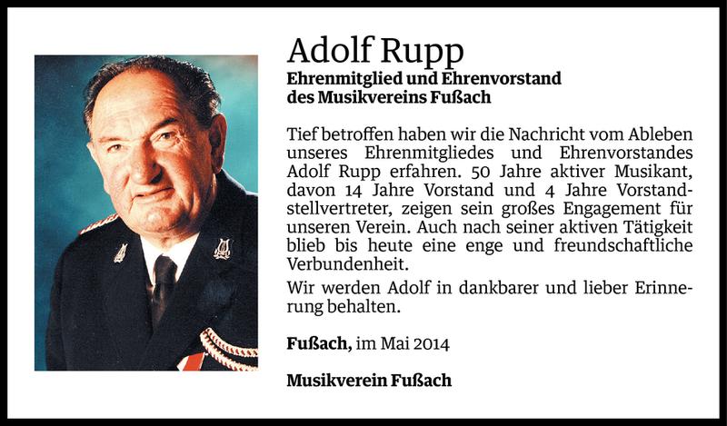  Todesanzeige für Adolf Rupp vom 09.05.2014 aus Vorarlberger Nachrichten