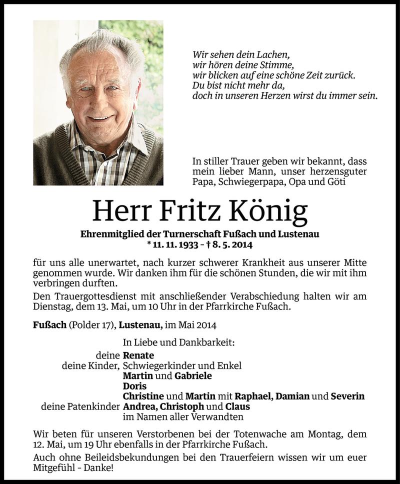  Todesanzeige für Fritz König vom 09.05.2014 aus Vorarlberger Nachrichten