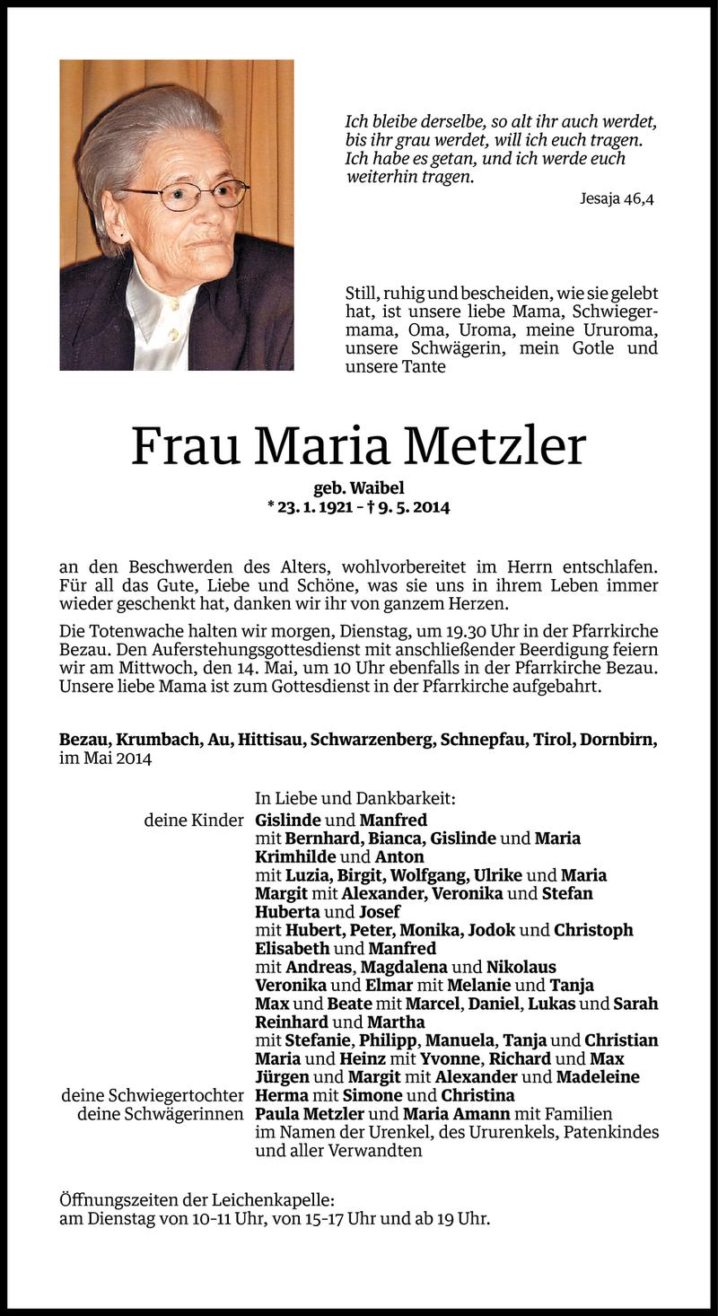  Todesanzeige für Maria Metzler vom 11.05.2014 aus Vorarlberger Nachrichten