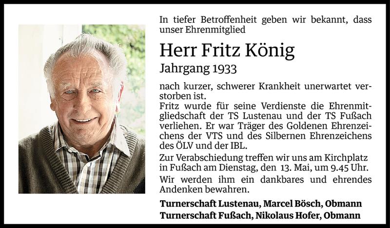  Todesanzeige für Fritz König vom 11.05.2014 aus Vorarlberger Nachrichten