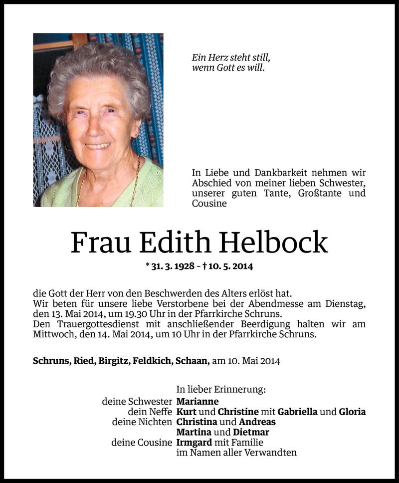  Todesanzeige für Edith Helbock vom 11.05.2014 aus Vorarlberger Nachrichten