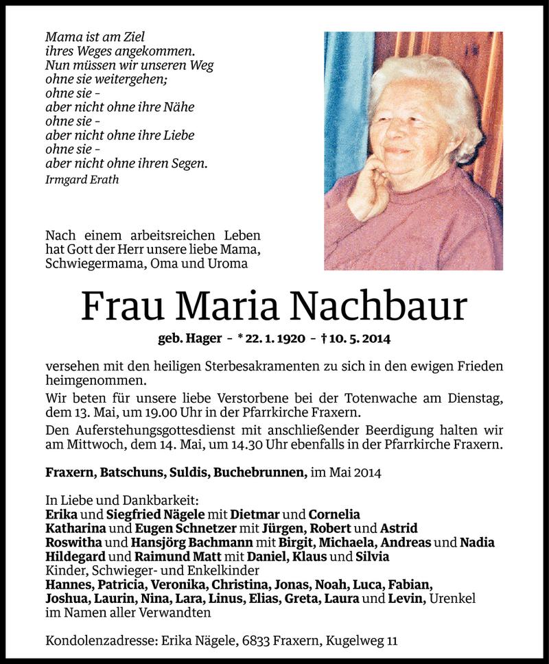  Todesanzeige für Maria Nachbaur vom 12.05.2014 aus Vorarlberger Nachrichten