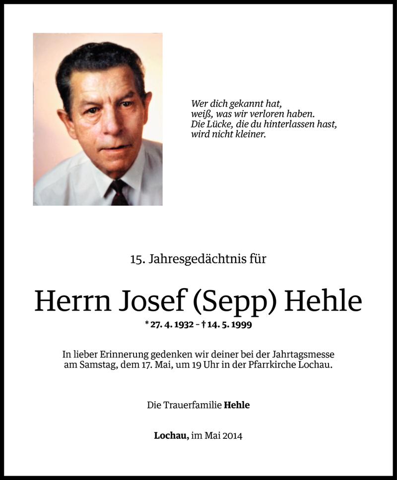  Todesanzeige für Josef (Sepp) Hehle vom 13.05.2014 aus Vorarlberger Nachrichten