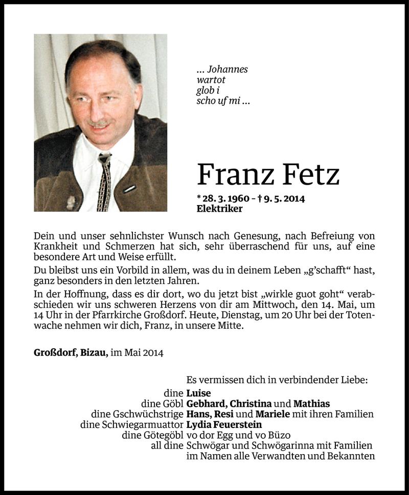  Todesanzeige für Franz Fetz vom 12.05.2014 aus Vorarlberger Nachrichten