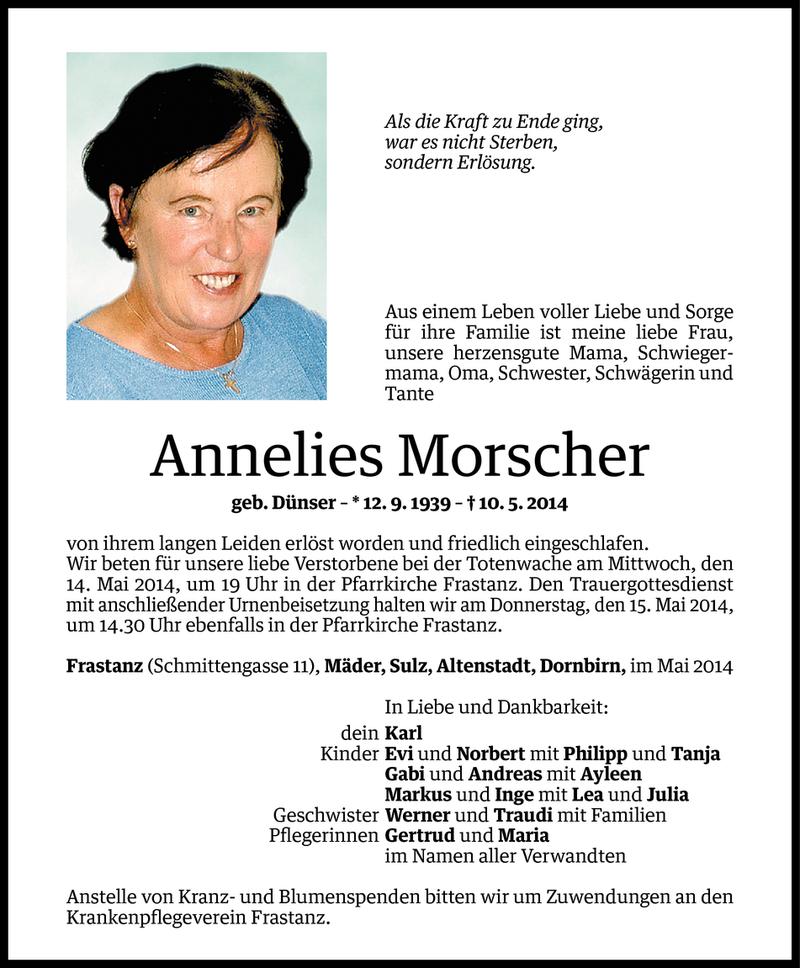  Todesanzeige für Annelies Morscher vom 12.05.2014 aus Vorarlberger Nachrichten