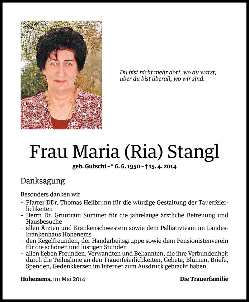  Todesanzeige für Maria Stangl vom 15.05.2014 aus Vorarlberger Nachrichten