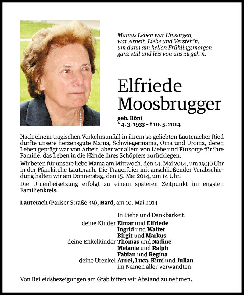  Todesanzeige für Elfriede Moosbrugger vom 12.05.2014 aus Vorarlberger Nachrichten